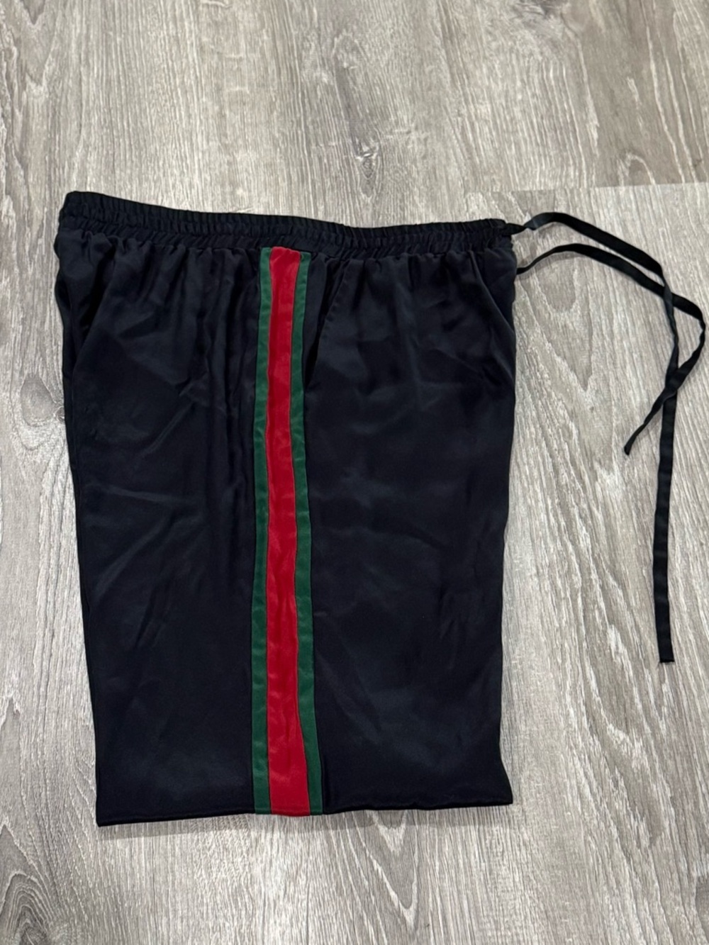 Acrobat Black Wide-Leg silk Pants drawstring pockets w Red & Green Side Stripes